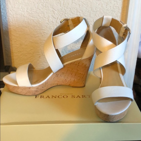 Shoes - White and tan wedges